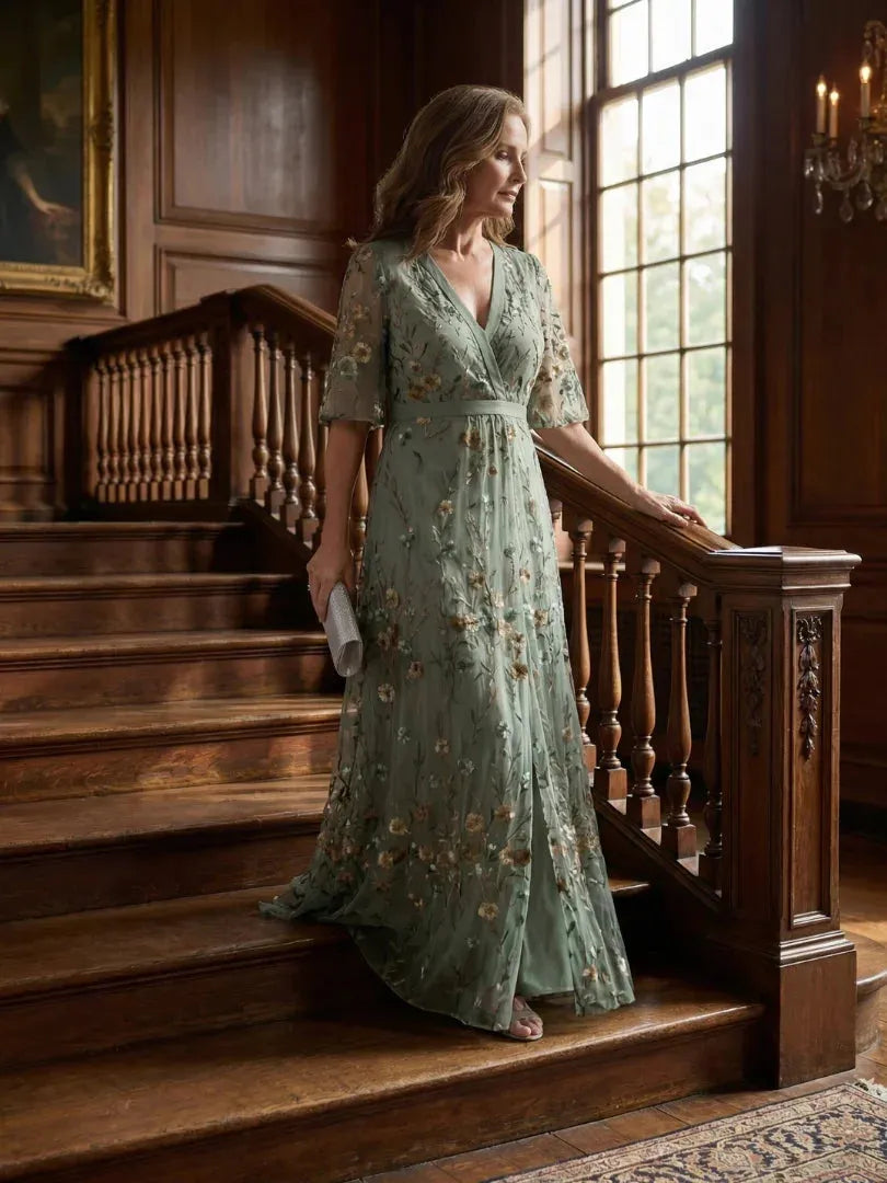 Vestido de Invitada de Boda Largo Verde Elegante con Flores