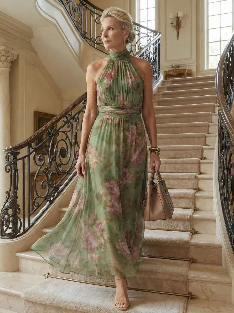 Vestido de Invitada de Boda Largo Verde Elegante de Flores con Cuello Halter