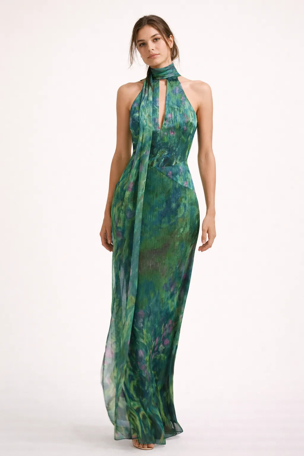 Vestido de Invitada de Boda Largo Verde Estampado con Cuello Halter