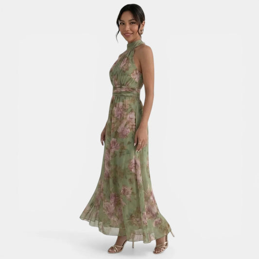 Vestido de Invitada de Boda Largo Verde Flores con Cuello Halter