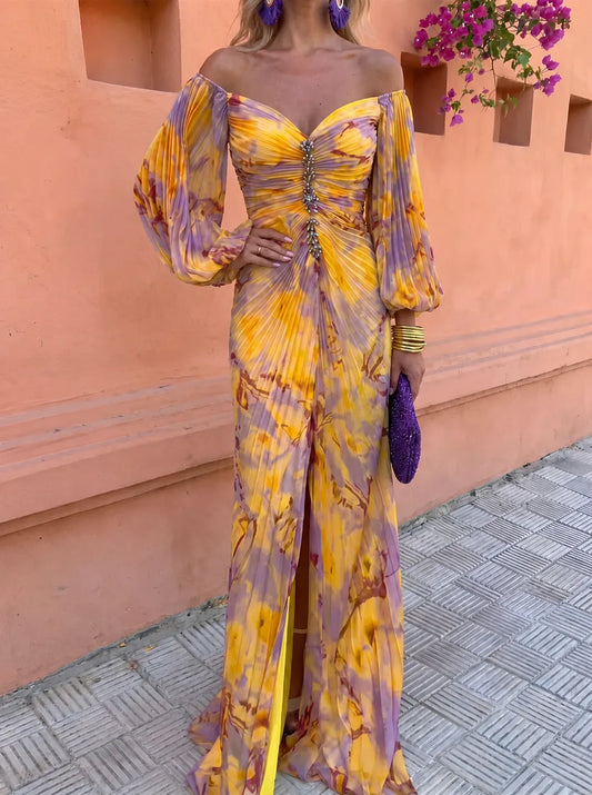 Vestido de Invitada de Boda Largo de Flores Elegante con Hombros Descubiertos