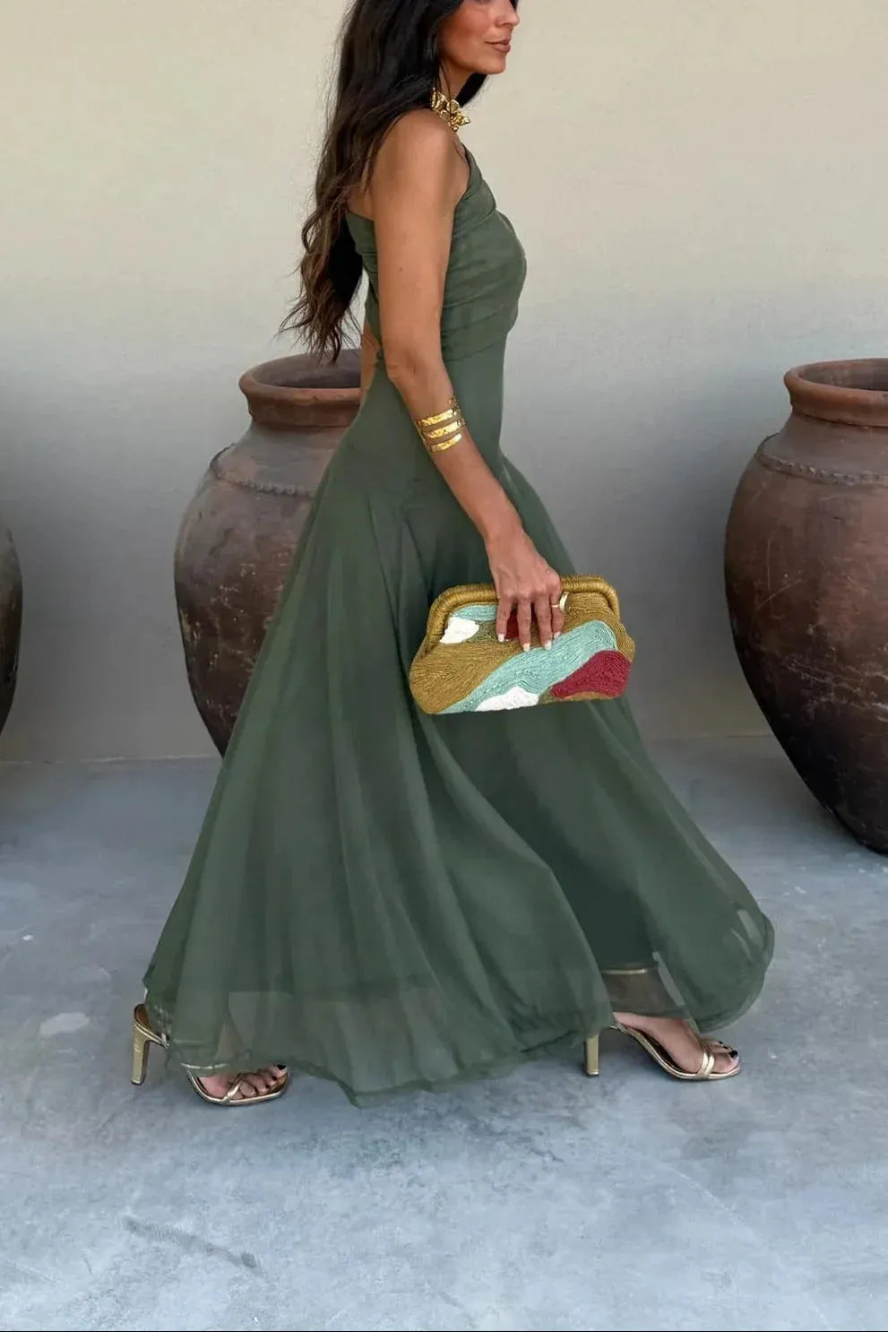 Vestido de Invitada de Boda Largo de Verano Elegante con Escote Asimétrico