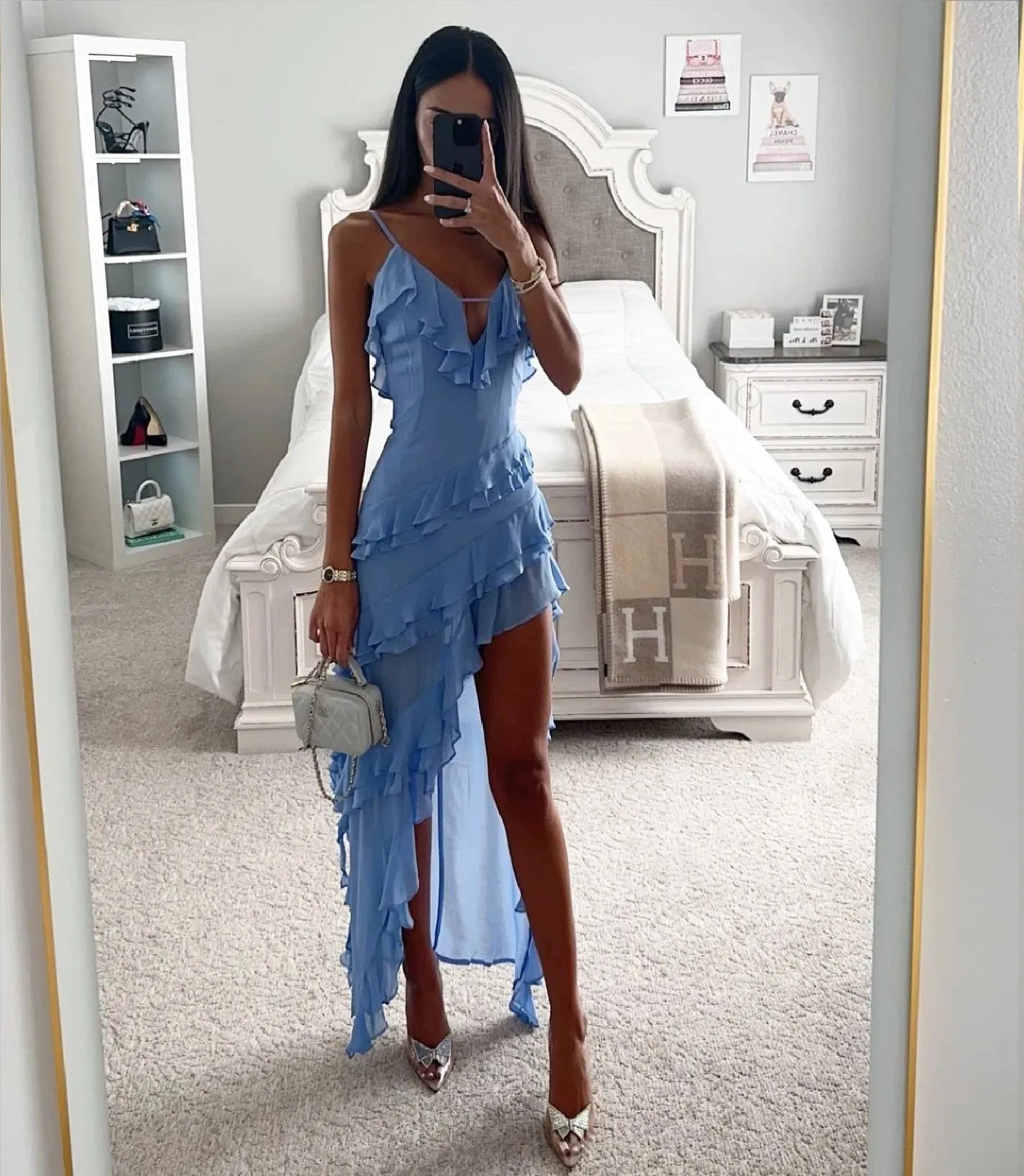 Vestido de Invitada de Boda Largo Asimétrico Volantes con Descubierta
