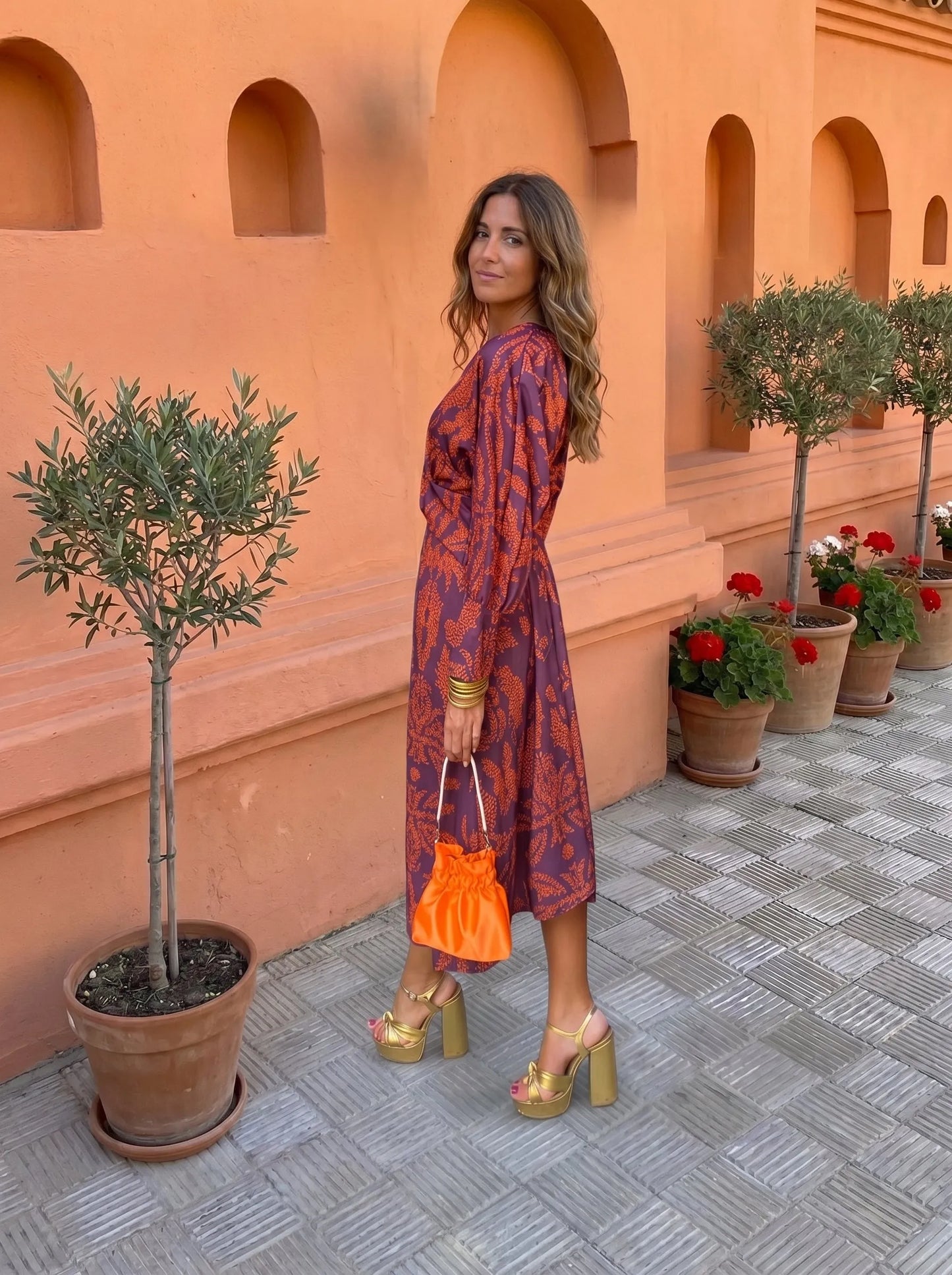 Vestido de Invitada de Boda Largo Elegante Estampado con Manga Larga