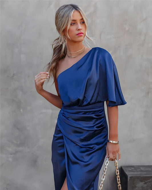 Vestido de Invitada de Boda Midi Elegante Asimétrico con Drapeado