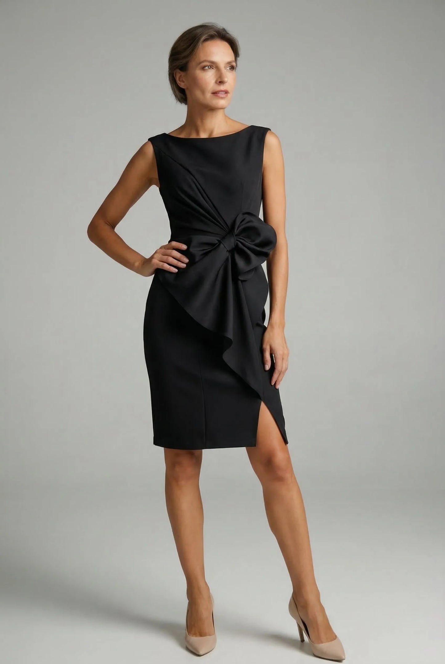 Vestido de Invitada de Boda Midi Elegante Entallado con Lazo
