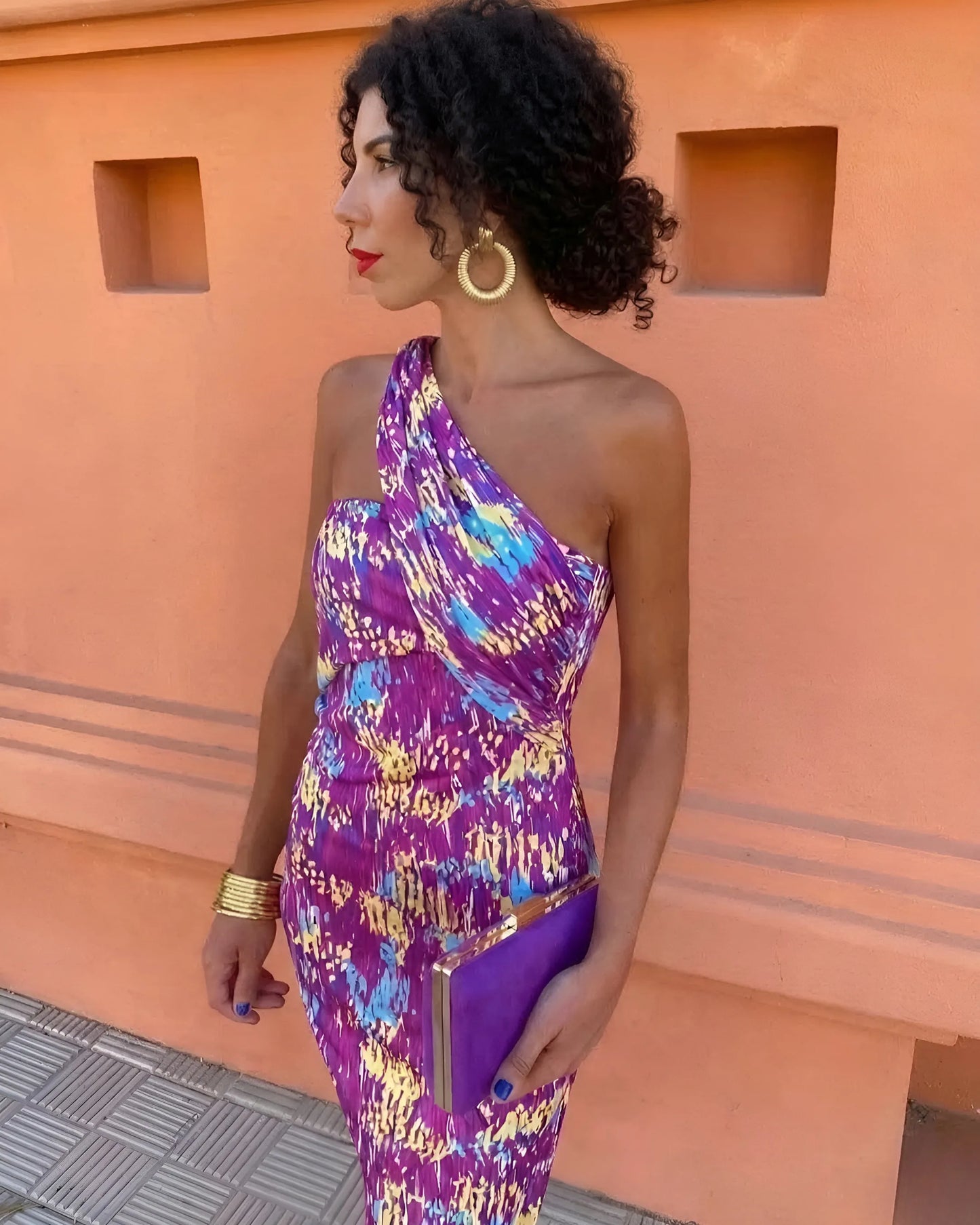 Vestido de Invitada de Boda Largo Elegante Estampado con Un Hombro