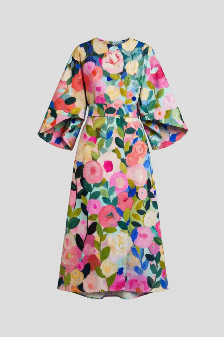 Vestido de Invitada de Boda Midi Elegante Floral con Manga Ancha