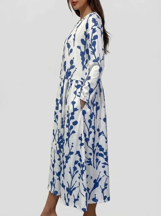 Vestido de Invitada de Boda Midi Elegante Floral con Manga Larga