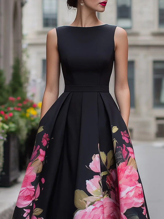 Vestido de Invitada de Boda Midi Elegante Flores con Diseño Plisado