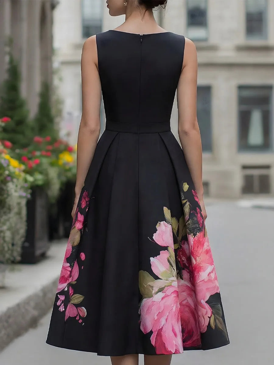 Vestido de Invitada de Boda Midi Elegante Flores con Diseño Plisado