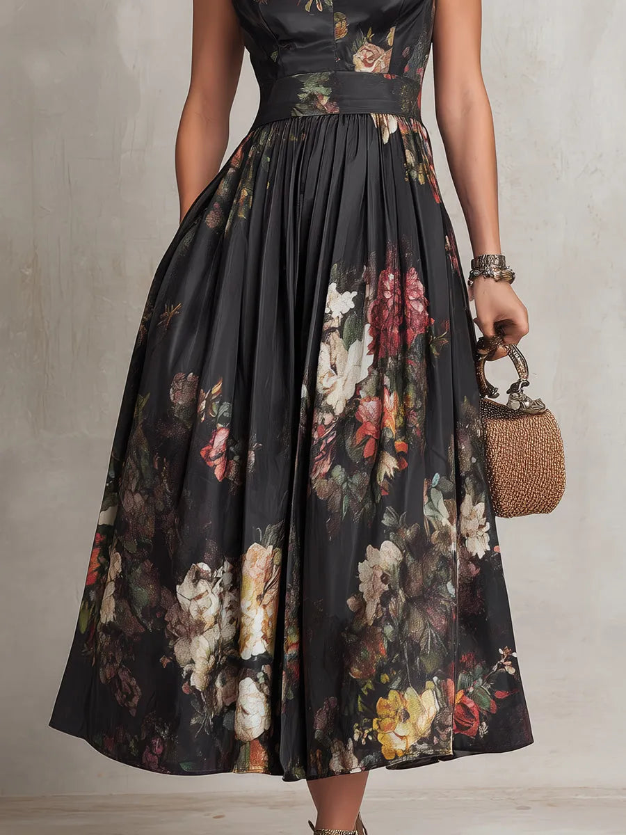 Vestido de Invitada de Boda Midi Elegante Flores con Plisado