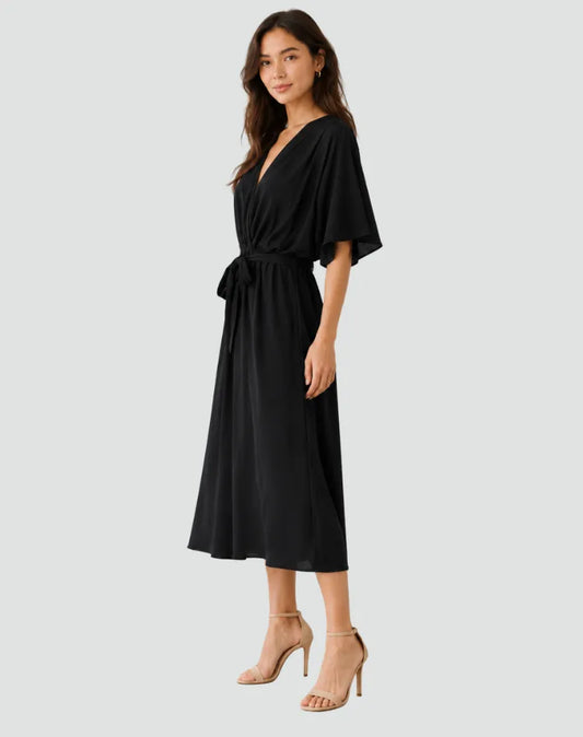 Vestido de Invitada de Boda Midi Elegante Fluido con Cuello en V