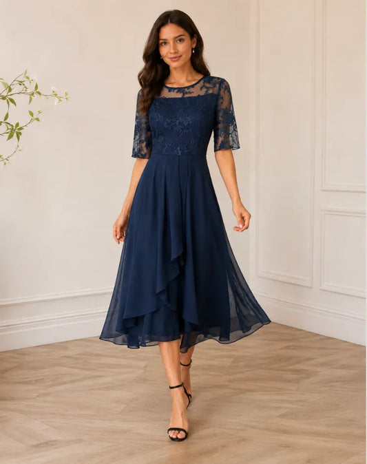 Vestido de Invitada de Boda Midi Elegante Fluido con Manga 3/4