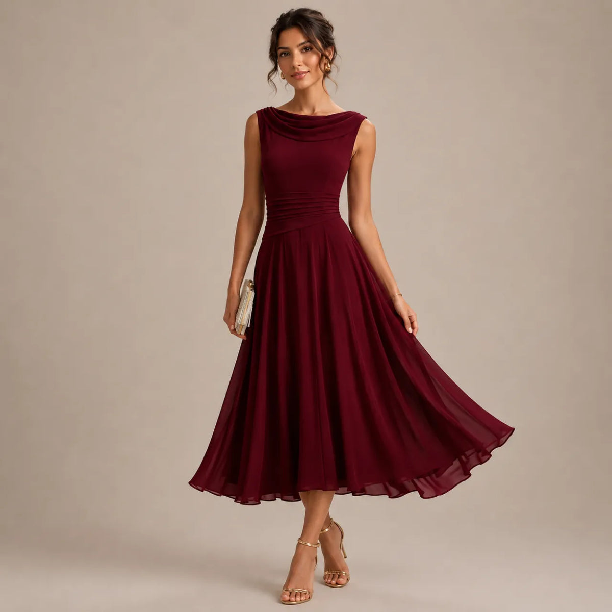 Vestido de Invitada de Boda Midi Elegante Fluido con Plisado
