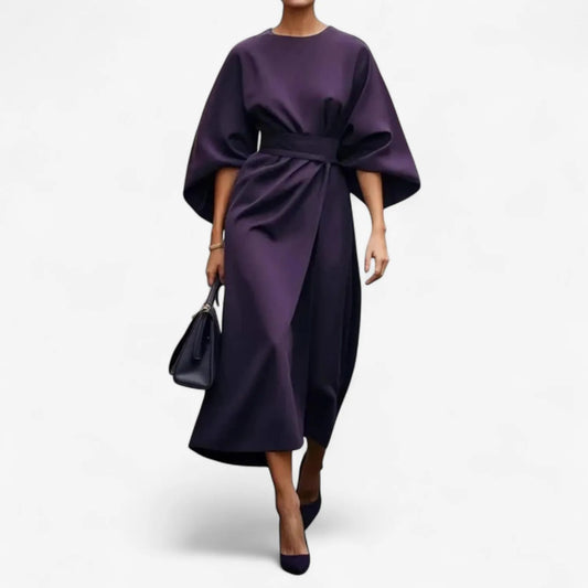 Vestido de Invitada de Boda Midi Elegante Manga Abullonada con Drapeado