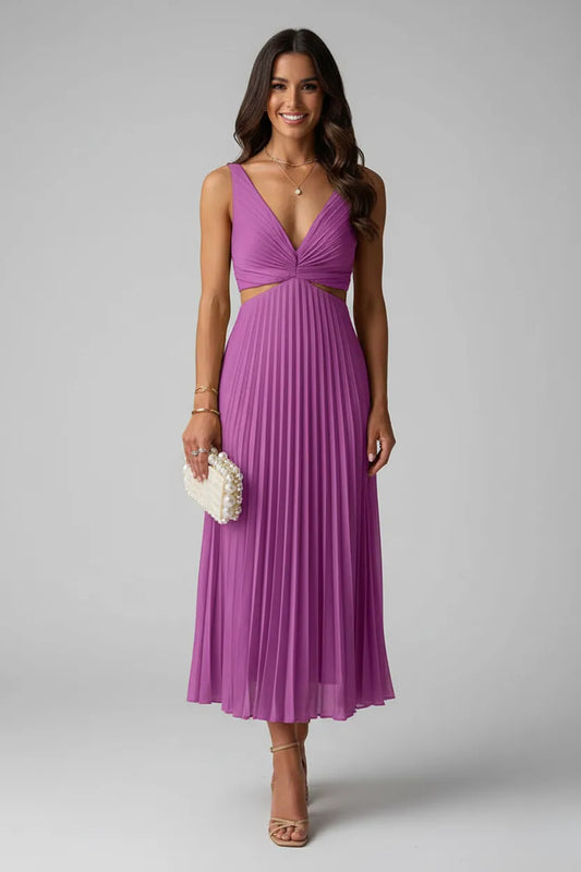 Vestido de Invitada de Boda Midi Elegante Plisado con Cut Out