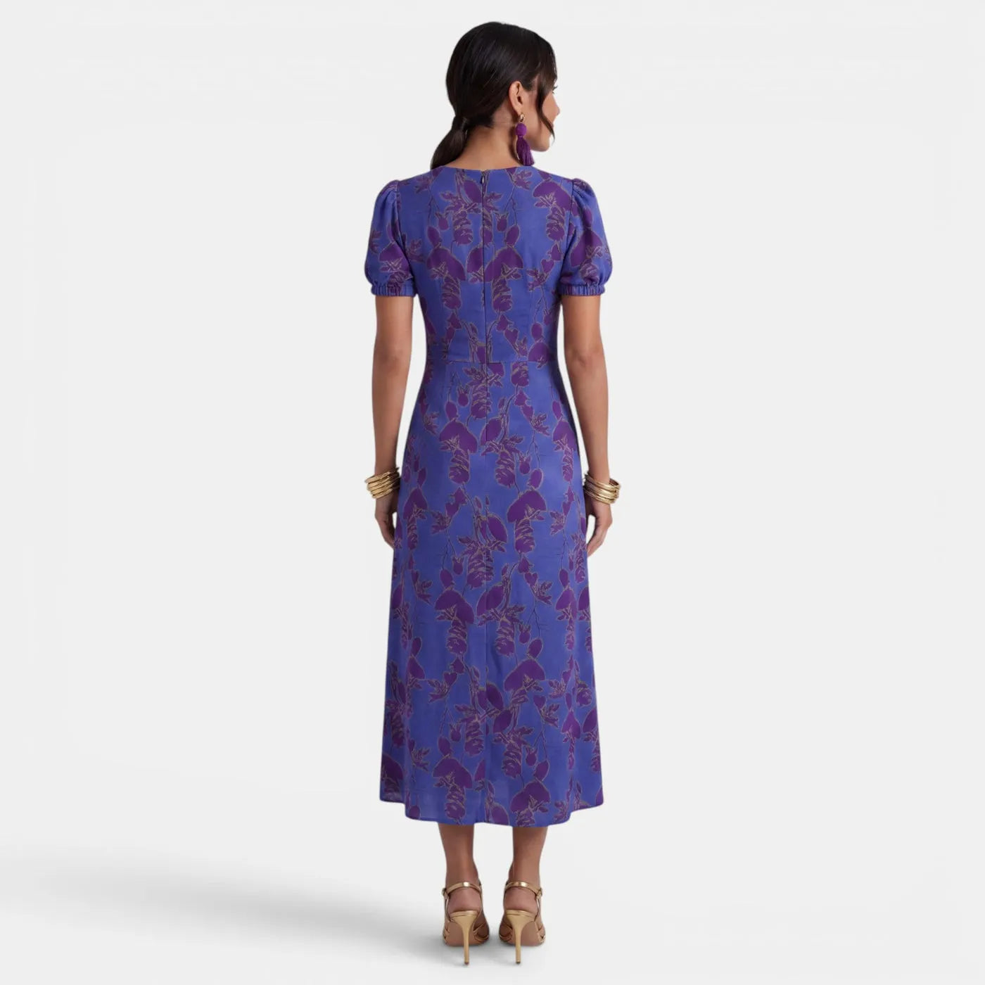 Vestido de Invitada de Boda Midi Elegante de Flores con Manga Corta