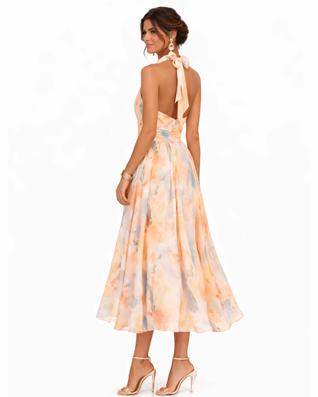 Vestido de Invitada de Boda Midi Estampado Floral con Cuello Halter