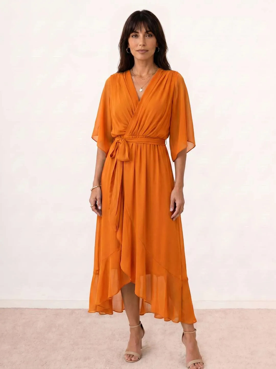Vestido de Invitada de Boda Midi Fluido Elegante con Escote en V