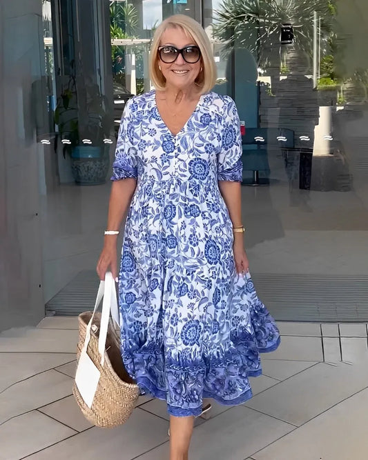Vestido de Invitada de Boda Midi Verano Flores con Manga Corta