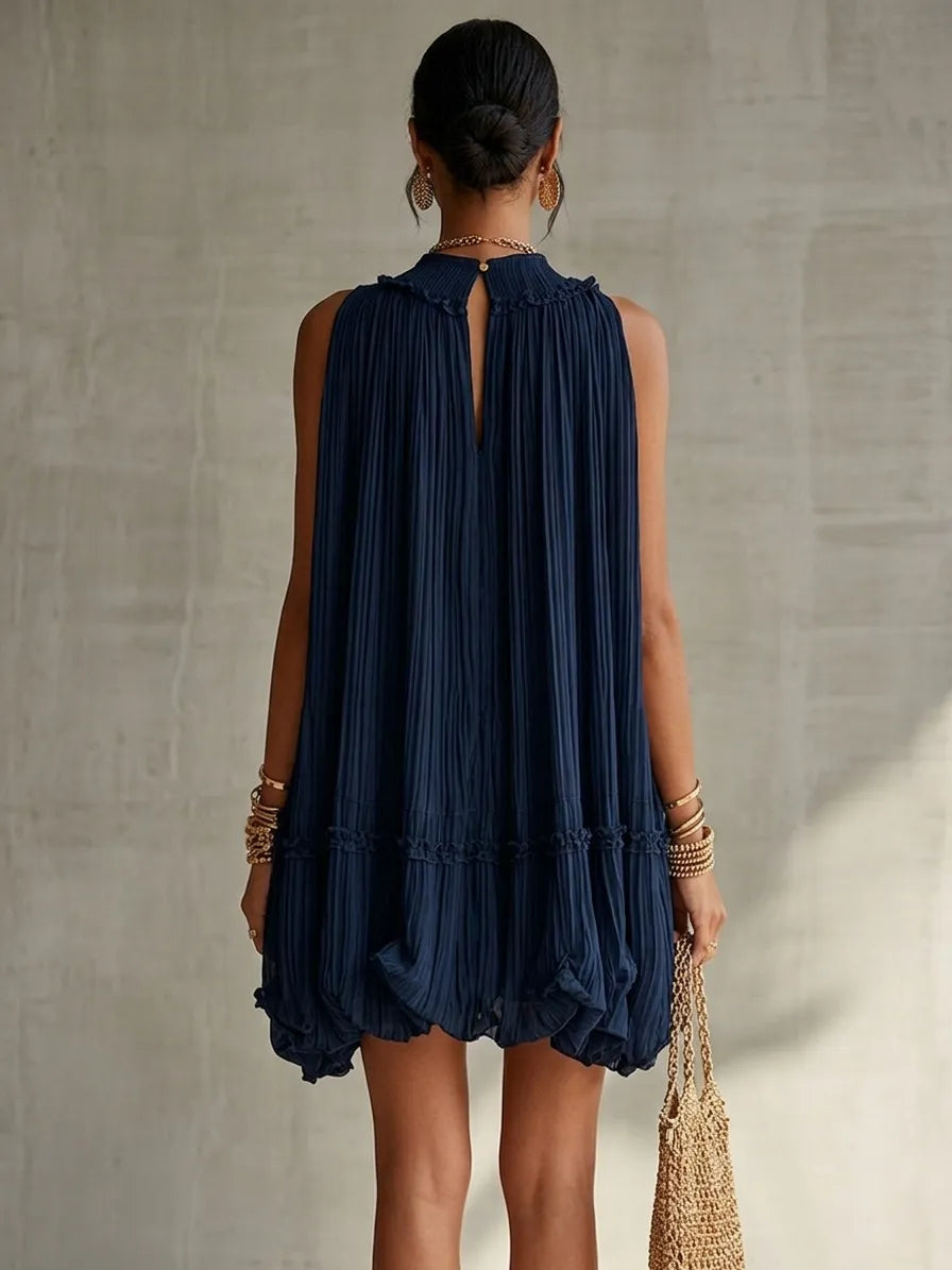 Vestido de Verano Corto Azul Elegante con Cuello Halter