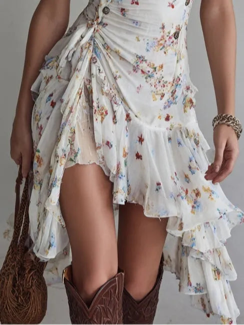 Vestido de Verano Corto Blanco Boho con Volantes