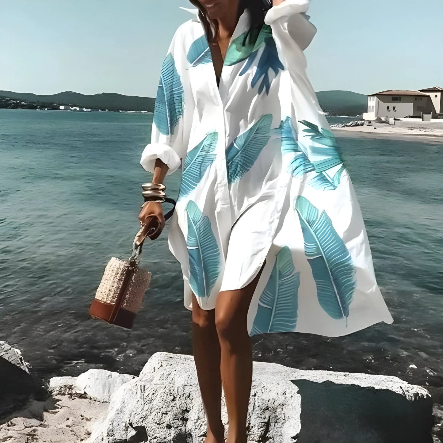 Vestido de Verano Corto Blanco Elegante con Manga Larga