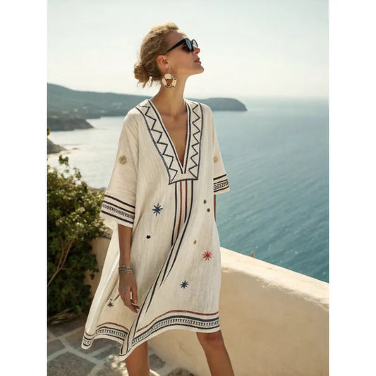 Vestido de Verano Corto Boho Elegante con Escote en V