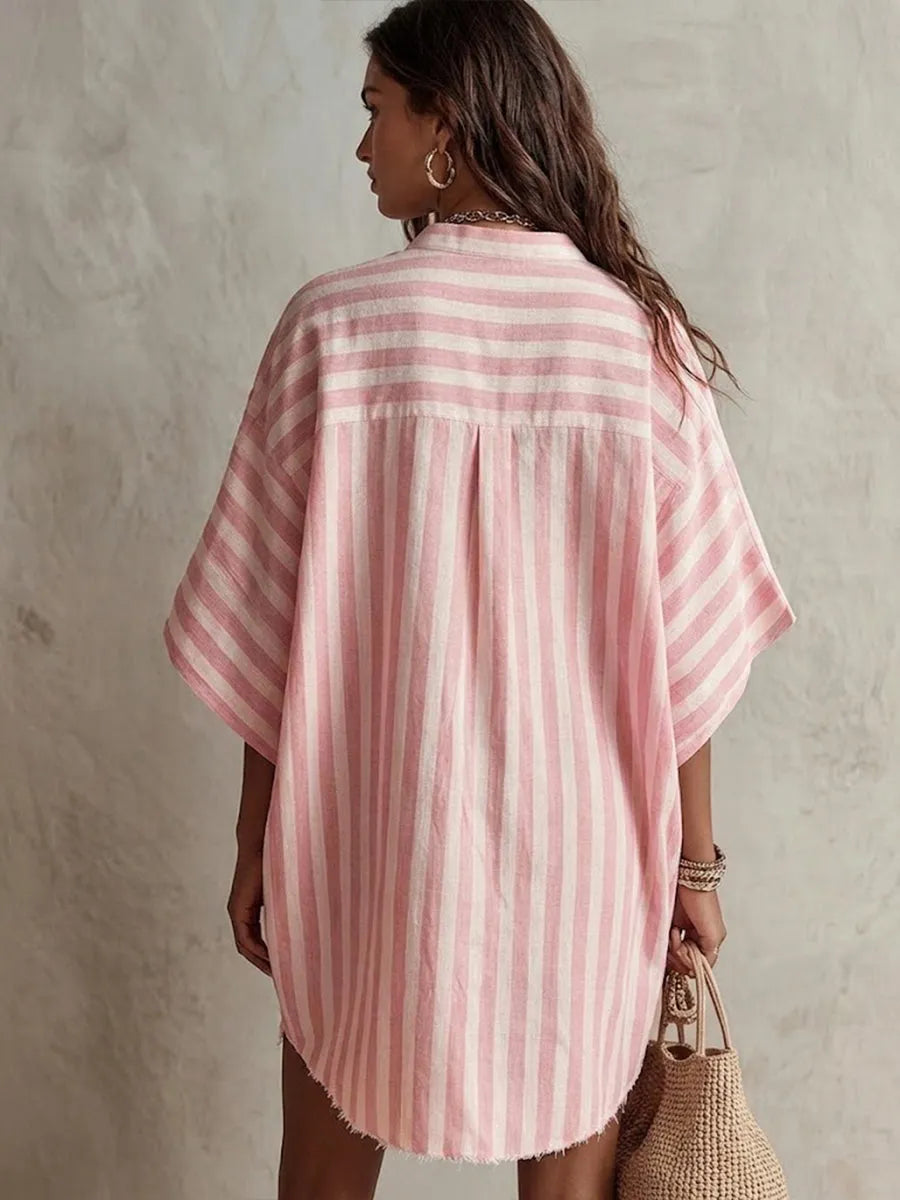 Vestido de Verano Corto Casual a Rayas Botones con Manga Corta