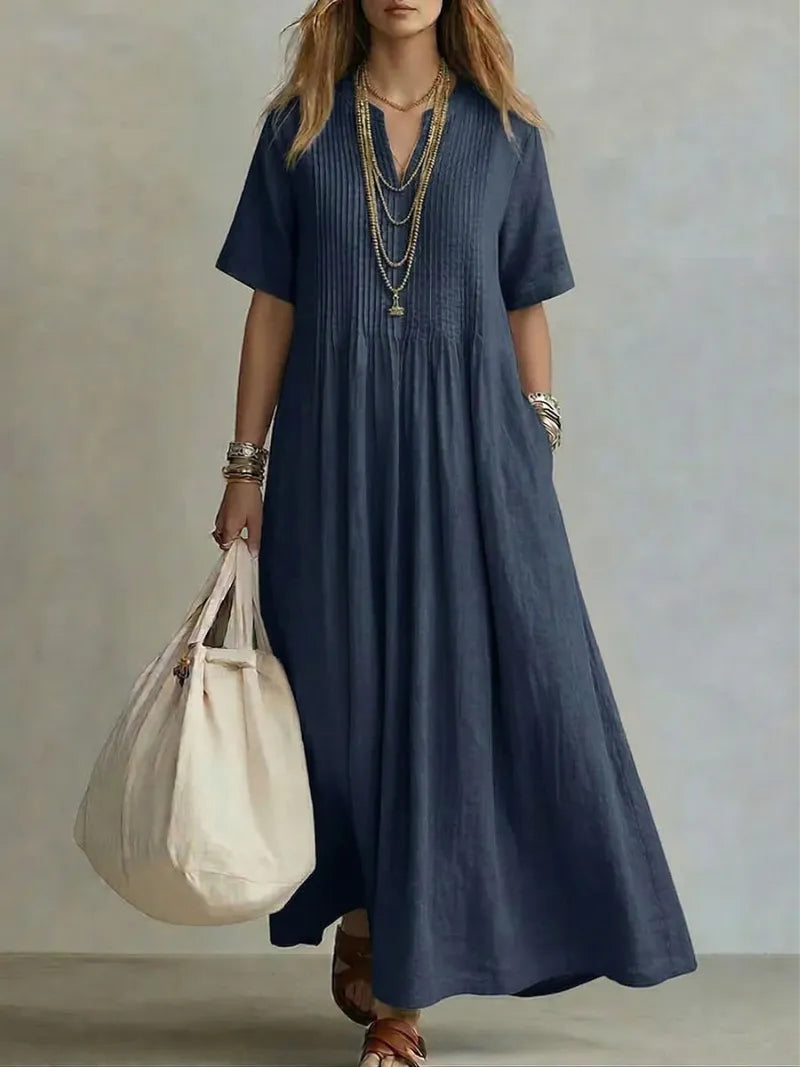 Vestido de Verano Largo Boho Casual con Plisado y Manga Corta
