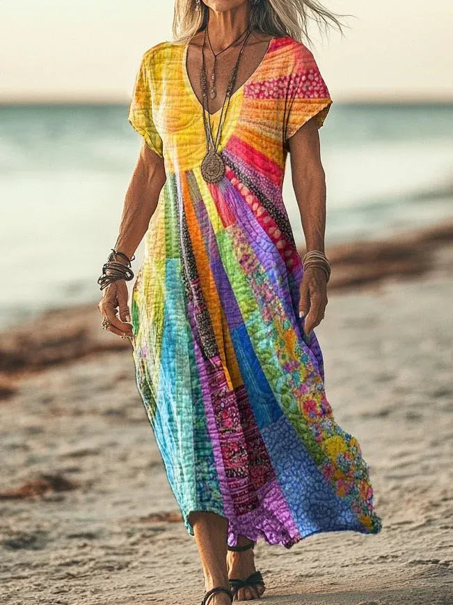 Vestido de Verano Largo Boho Estampado Manga Corta con Escote en V