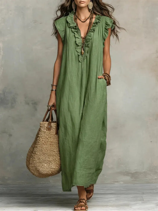 Vestido de Verano Largo Boho Manga Corta con Volantes
