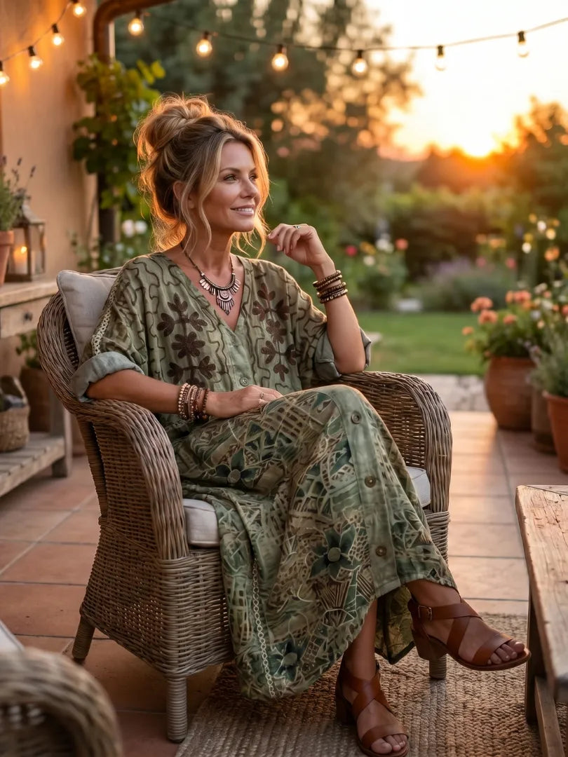 Vestido de Verano Largo Boho Verde con Manga Larga