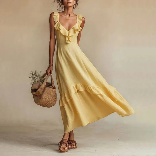 Vestido de Verano Largo Elegante Casual con Volantes Detalles