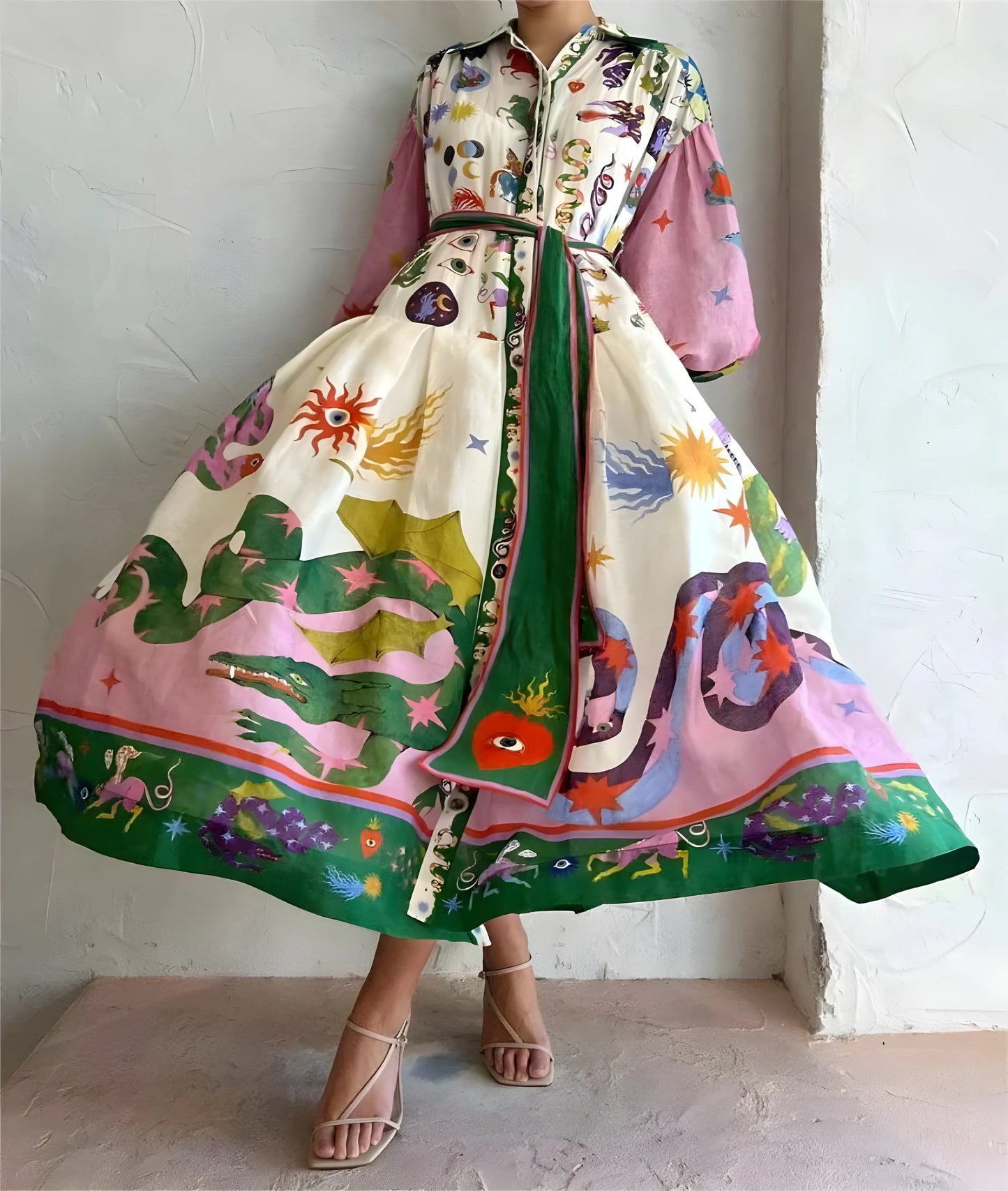 Vestido de Verano Largo Estampado Elegante con Manga Larga