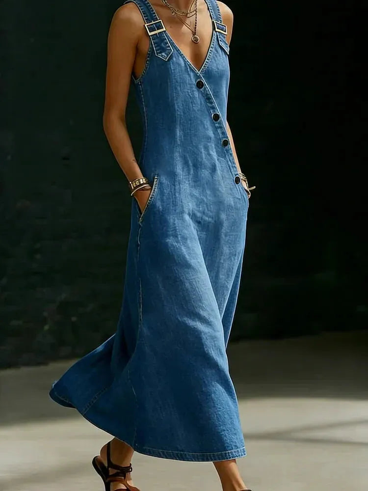 Vestido de Verano Largo Vaquero Botones con Tirantes