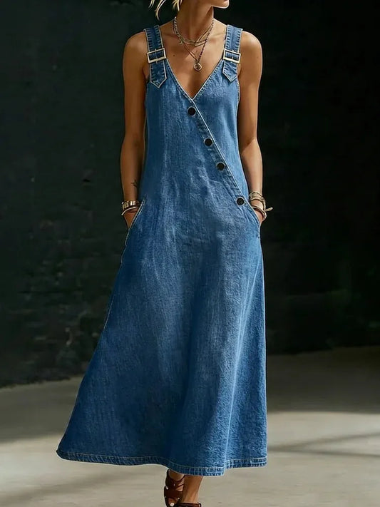 Vestido de Verano Largo Vaquero Botones con Tirantes