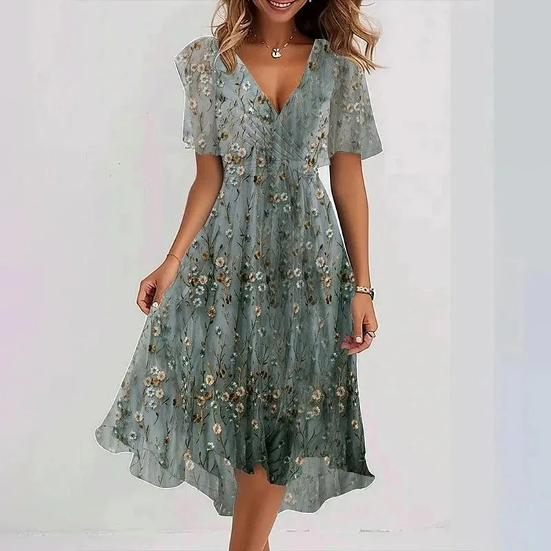 Vestido de Verano Midi Casual Asimétrico con Manga Corta