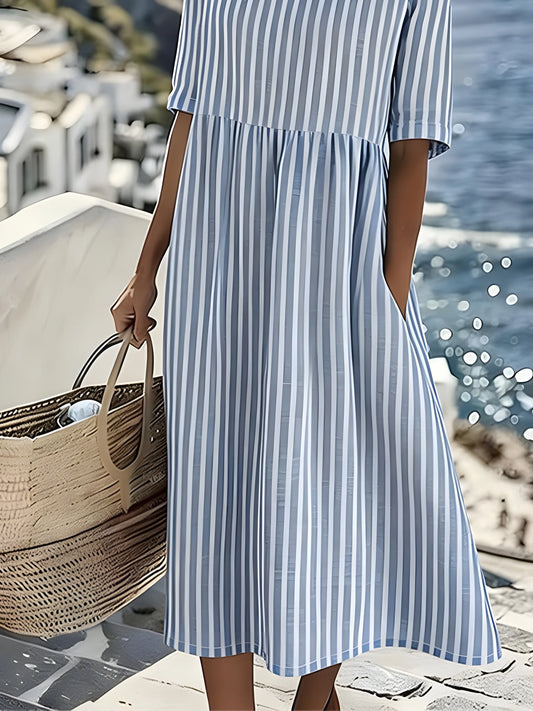 Vestido de Verano Midi Casual Azul con Manga Corta