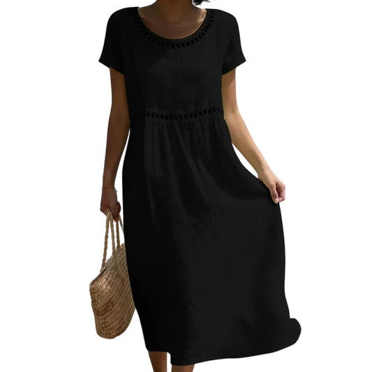 Vestido de Verano Midi Casual con Manga Corta y Encaje