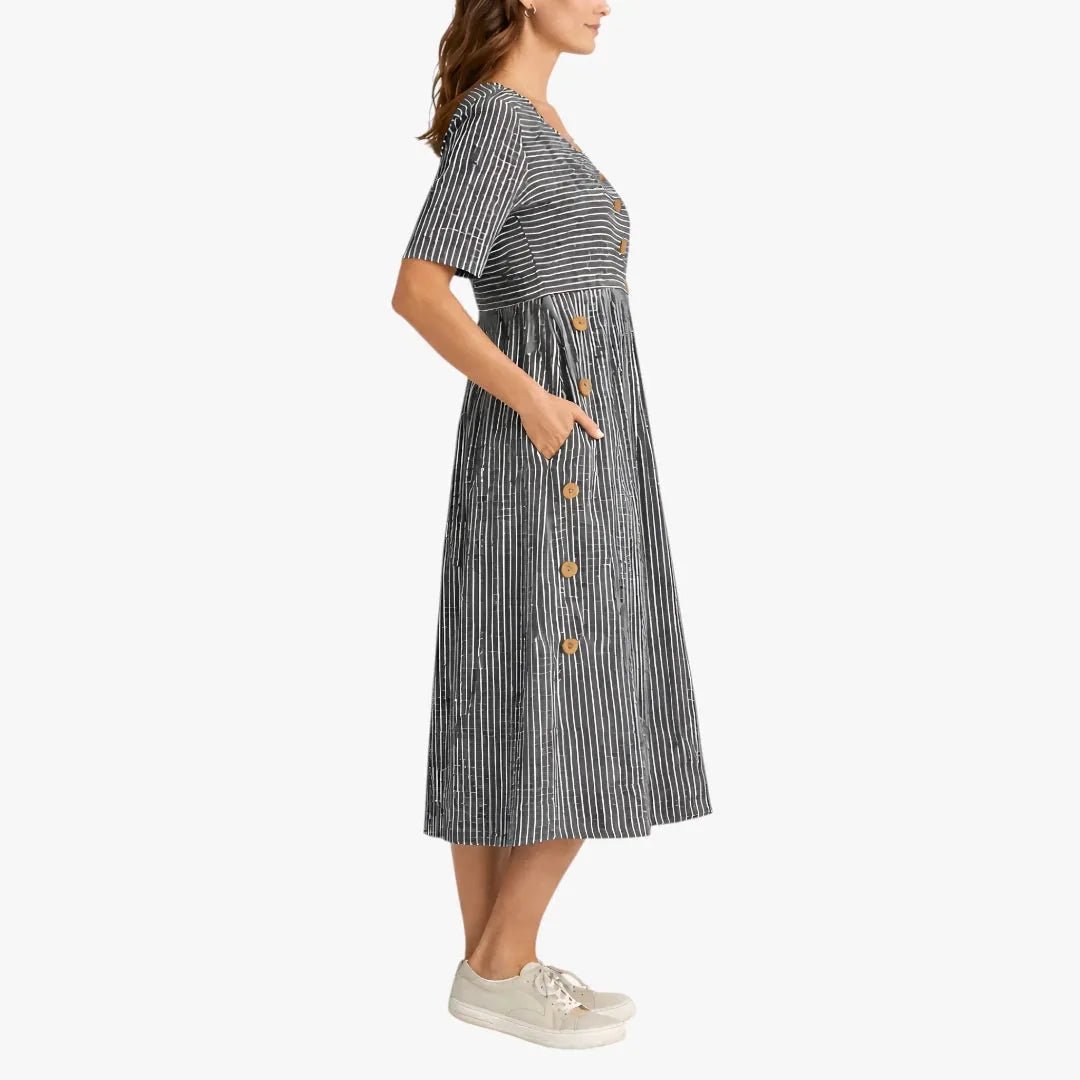 Vestido de Verano Midi Casual de Rayas con Botones y Bolsillos