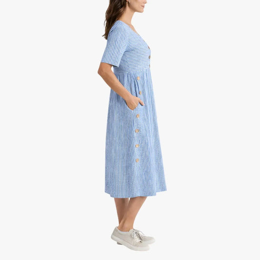 Vestido de Verano Midi Casual de Rayas con Botones y Bolsillos