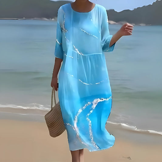 Vestido de Verano Midi Elegante Flores con Cuello Redondo