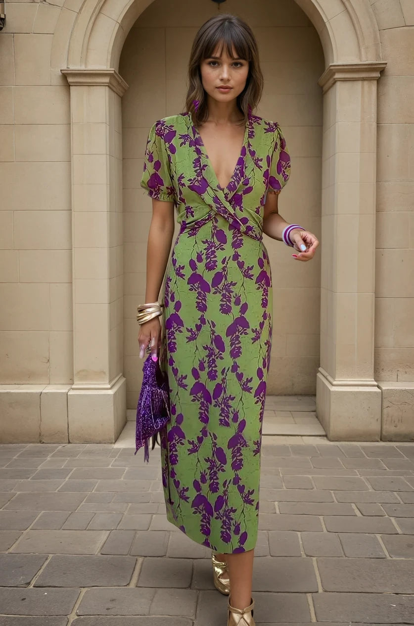 Vestido de Verano Midi Flores Elegante con Drapeado