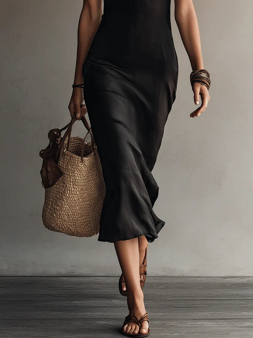 Vestido de Verano Midi Negro Elegante con Escote en V