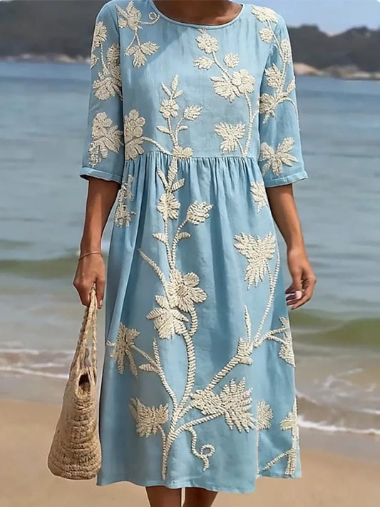 Vestido de Verano Midi Vintage Flores con Manga Tres Cuartos