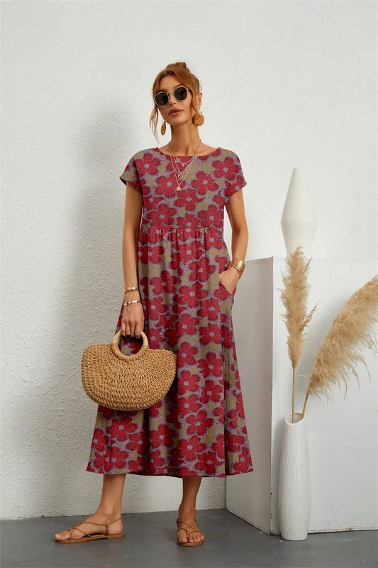 Vestido de Verano Midi de Flores Casual con Manga Corta