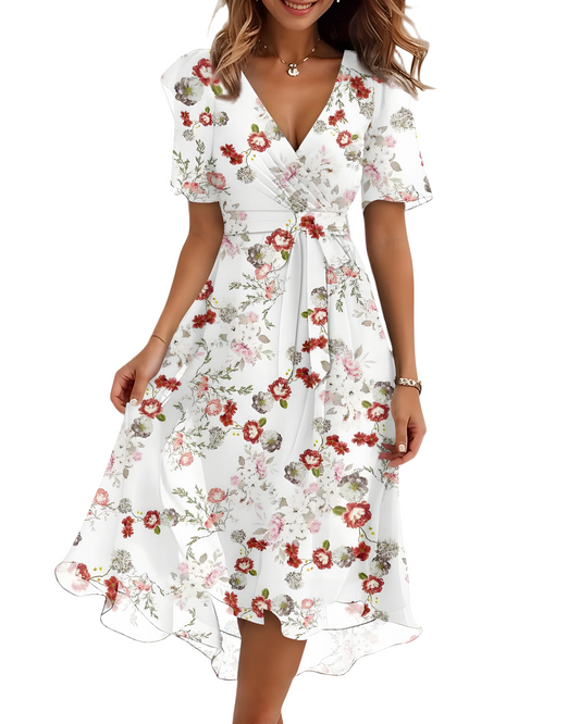 Vestido de Verano Midi de Flores Elegante con Manga Abullonada