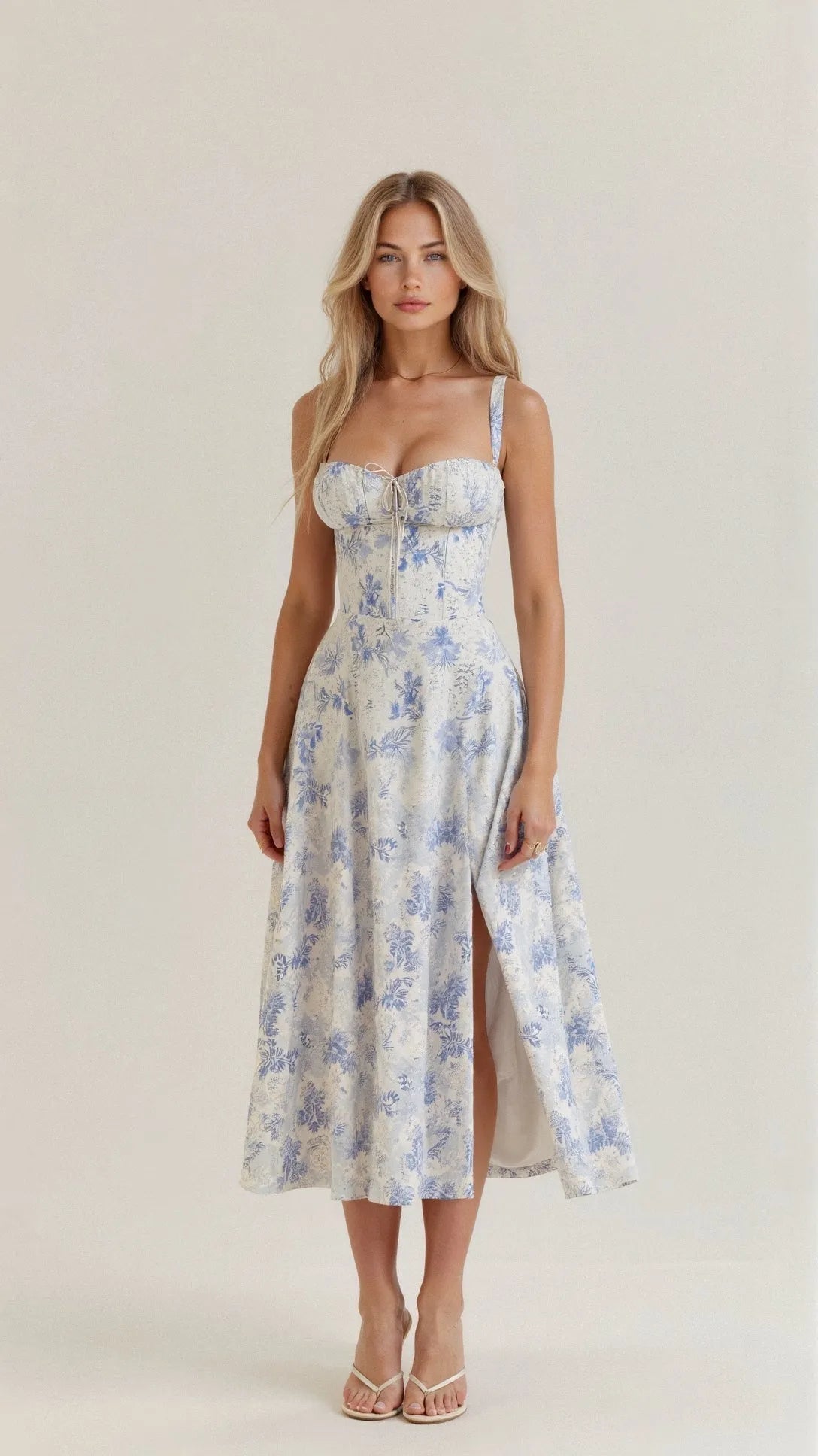 Vestido de Verano Midi de Flores con Tirantes y Corset